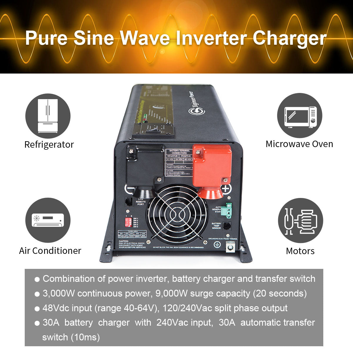 3000 Watt Inverter Charger 48 Volt to 120V 240V Split Phase Pure Sine Wave | APC3048D