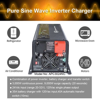 3000 Watt 24 Volt to 120Vac DC to AC Pure Sine Inverter Charger | APC3024NC