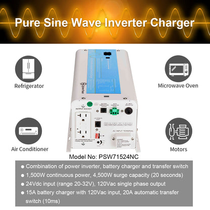 1500W 24V 120V Pure Sine Wave Inverter Charger | PSW71524NC
