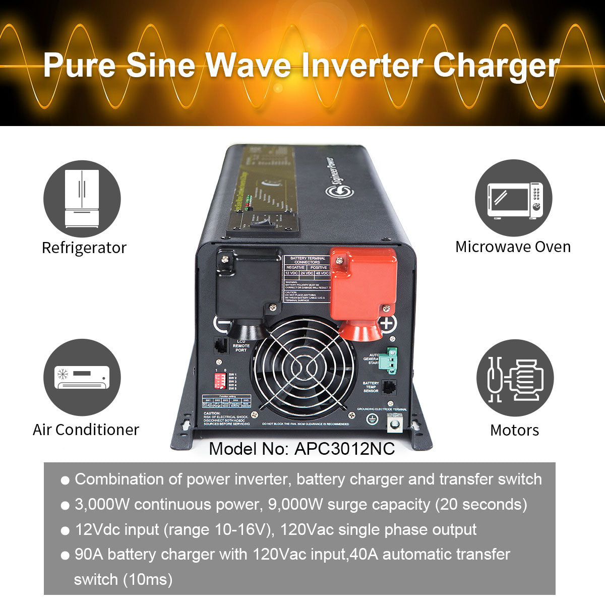 3000 Watt Inverter Charger 12 Volt to 110V 120Vac Amp GFCI Outlet – Pure Sine Wave | APC3012NC