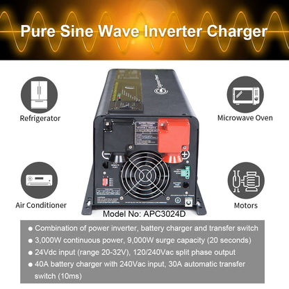 3000 Watt 24 Volt to 120 / 240Vac Split Phase Pure Sine Inverter Charger | APC3024D