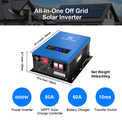 6000W Solar Inverter 48V to 120/240V Split Phase Off Grid Hybrid 80A MPPT Charger ETL Listed | M6048DUL