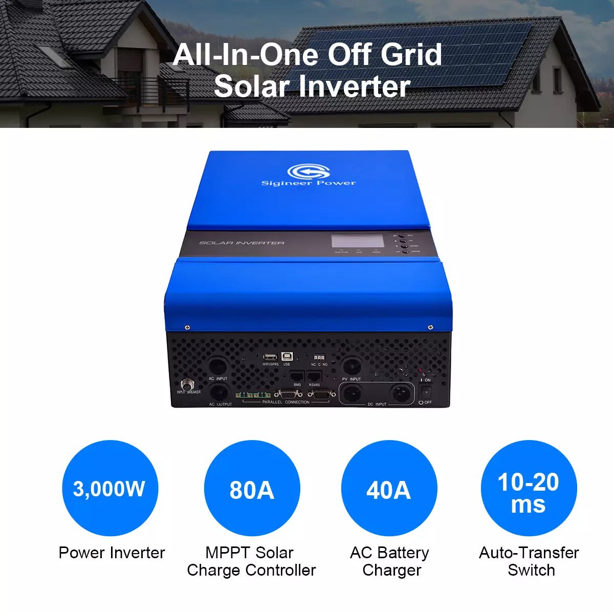 3000W Off Grid Stackable PV Inverter 80A MPPT Solar Charger DC 48V to 110V 120V with 40A Utility Charger 50HZ 60HZ