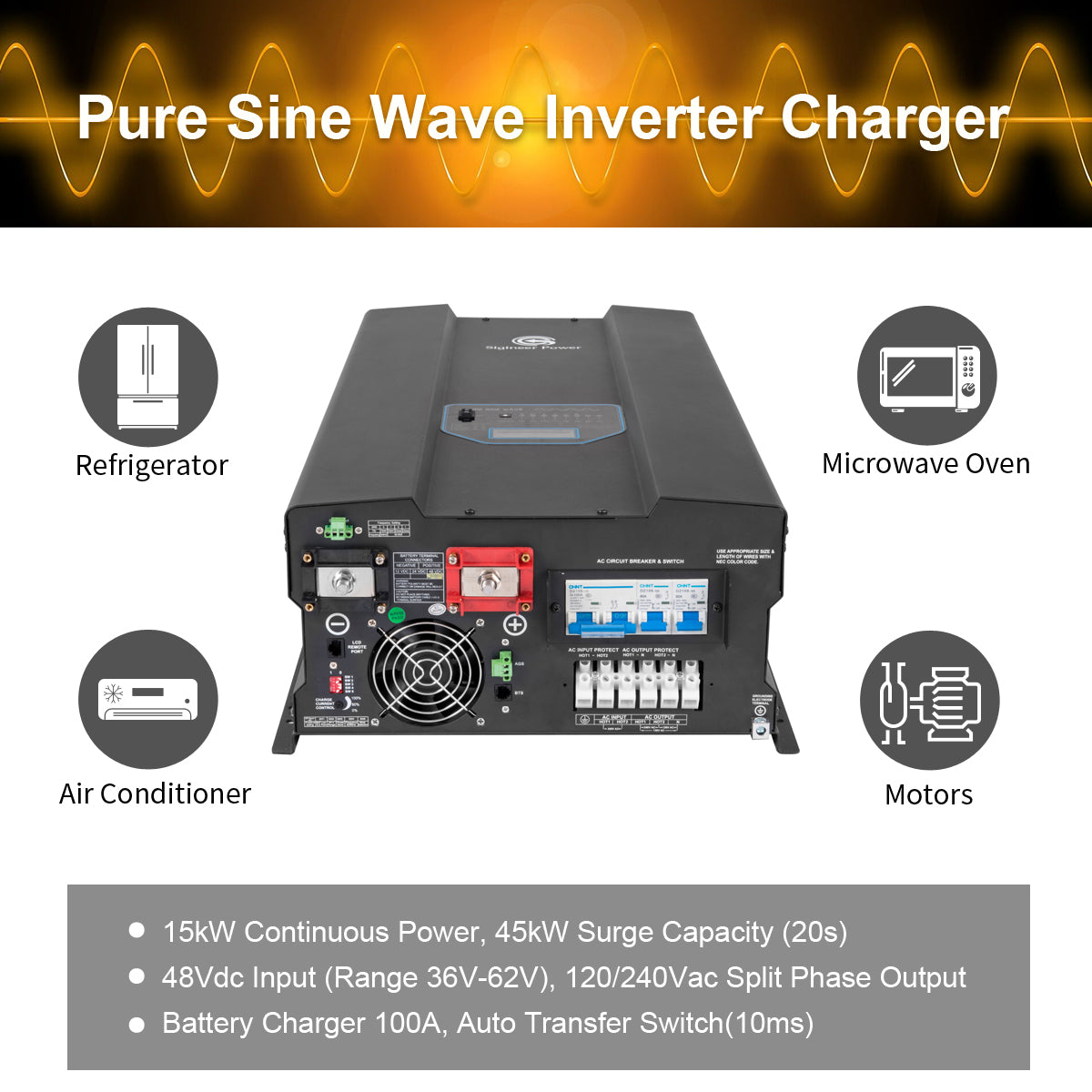 15000 Watt Inverter Charger Pure Sine Wave Power 48v to 120/240V 110 / 220v 230V for Off Grid Solar System