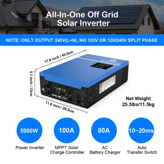 5000W Off Grid European Solar Inverter 100A MPPT Solar Charger DC 48V to 220V 230V 240V Support Batteryless Operation